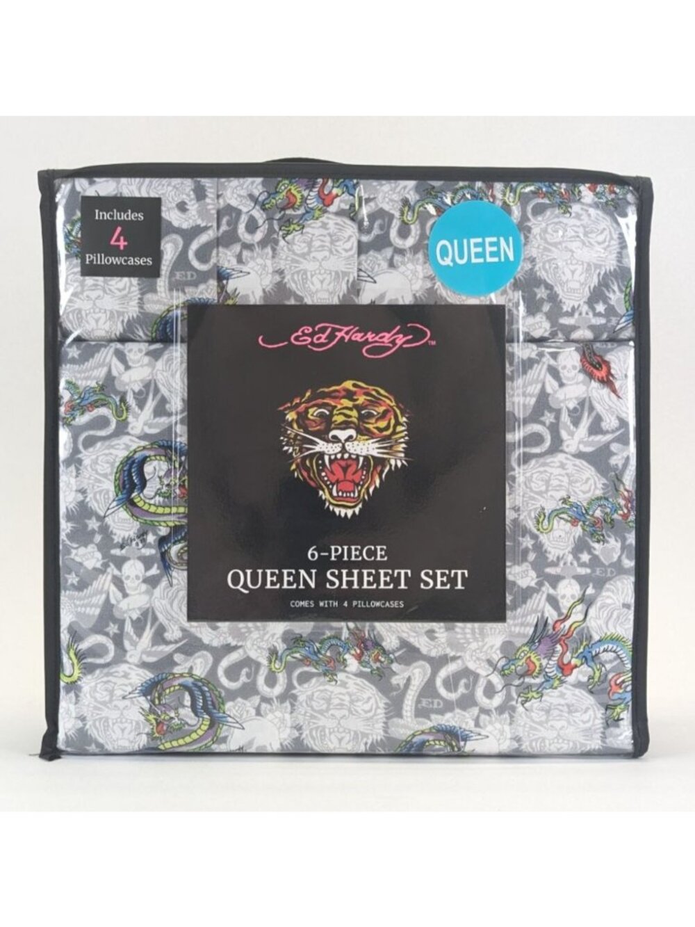 Ed Hardy Queen Sheet Set 6-Piece w 4 Pillowcases White Gray Tattoo Dragon Skill